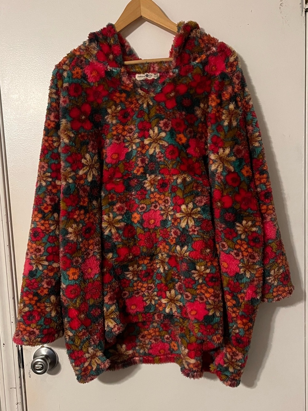 NATURAL LIFE Red Multicolor Floral Teddy Hoodie Jacket